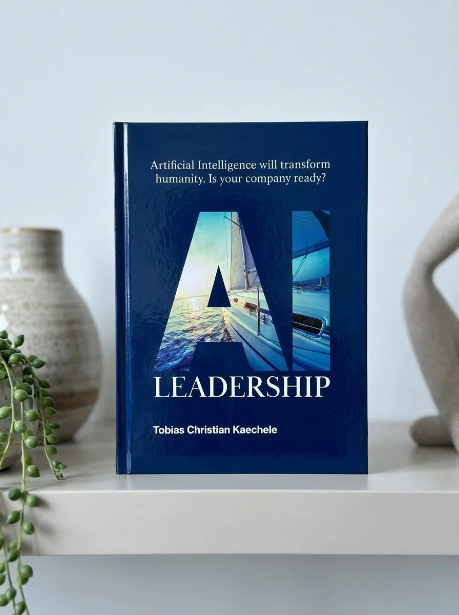 The book AI Leadership on a styled shelf beside a plant and a sculpture