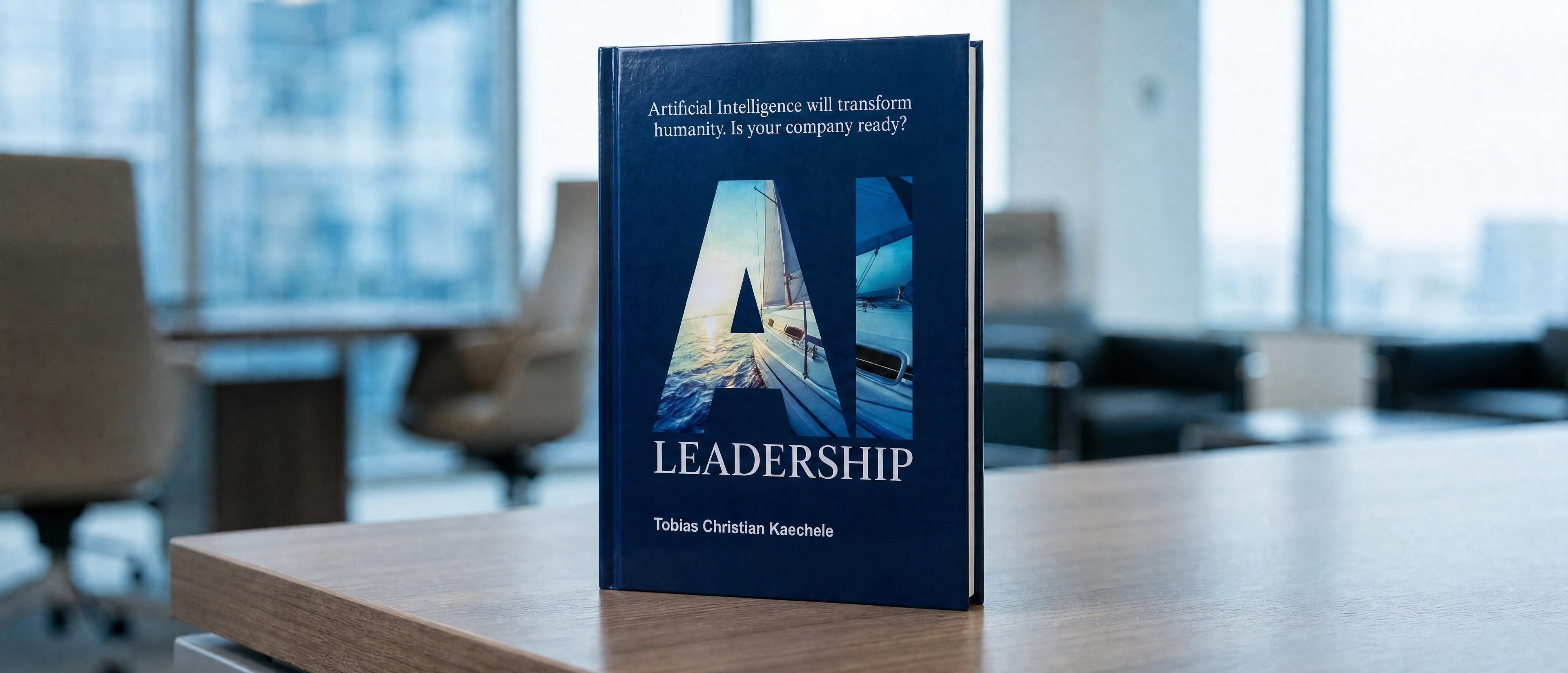 The book AI Leadership on a desk in a modern office with large windows